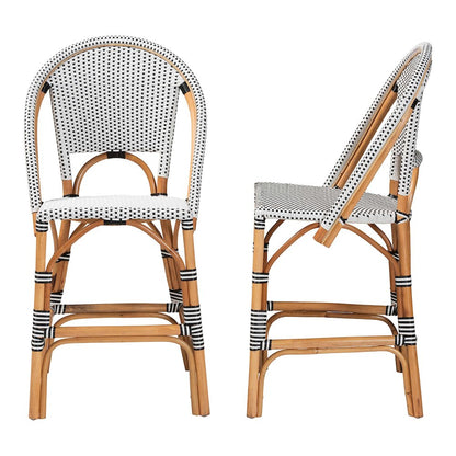 Two-Tone Black and White Weaving and Natural Rattan 2-Piece Counter Stool Set