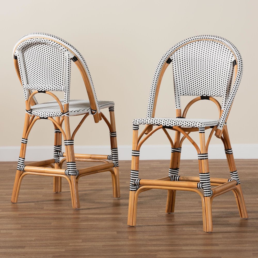 Two-Tone Black and White Weaving and Natural Rattan 2-Piece Counter Stool Set