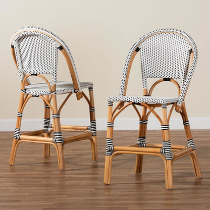 Two-Tone Black and White Weaving and Natural Rattan 2-Piece Counter Stool Set