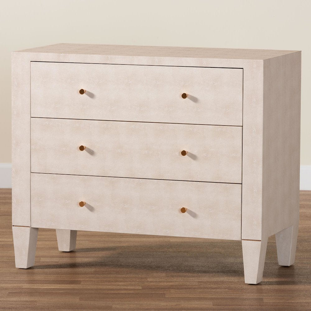 Leyna Modern Beige Faux Shagreen 3-Drawer Storage Cabinet