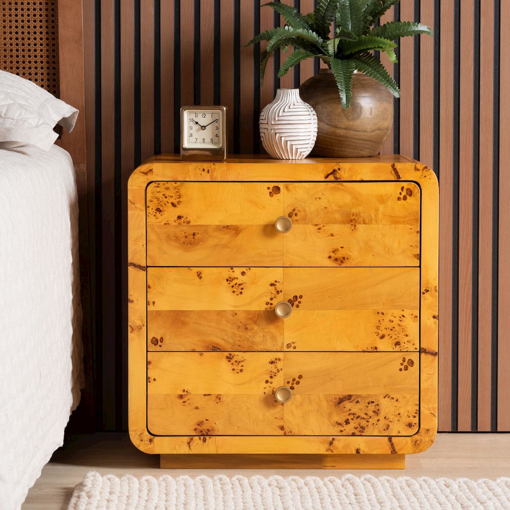Netra Modern and  Natural Real Burl Wood 3-Drawer Nightstand