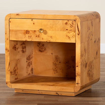 Netra Modern and  Natural Real Burl Wood 1-Drawer Nightstand