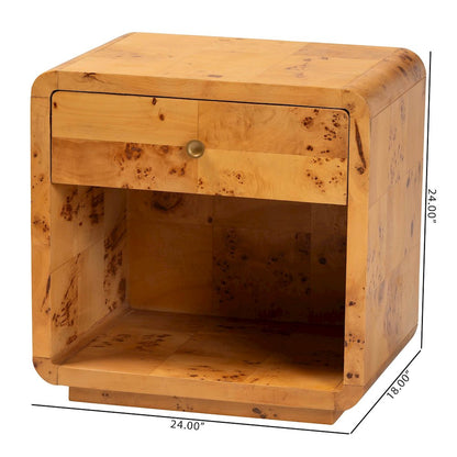 Netra Modern and  Natural Real Burl Wood 1-Drawer Nightstand