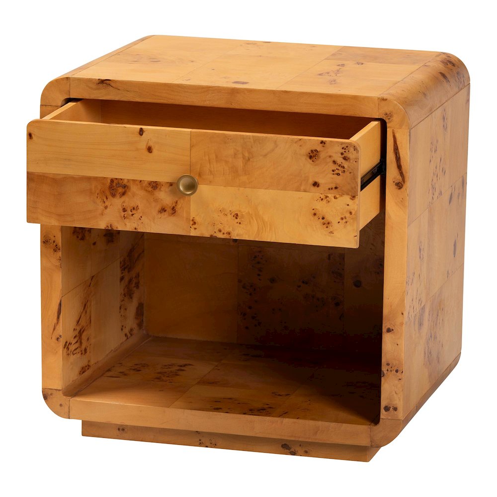 Netra Modern and  Natural Real Burl Wood 1-Drawer Nightstand