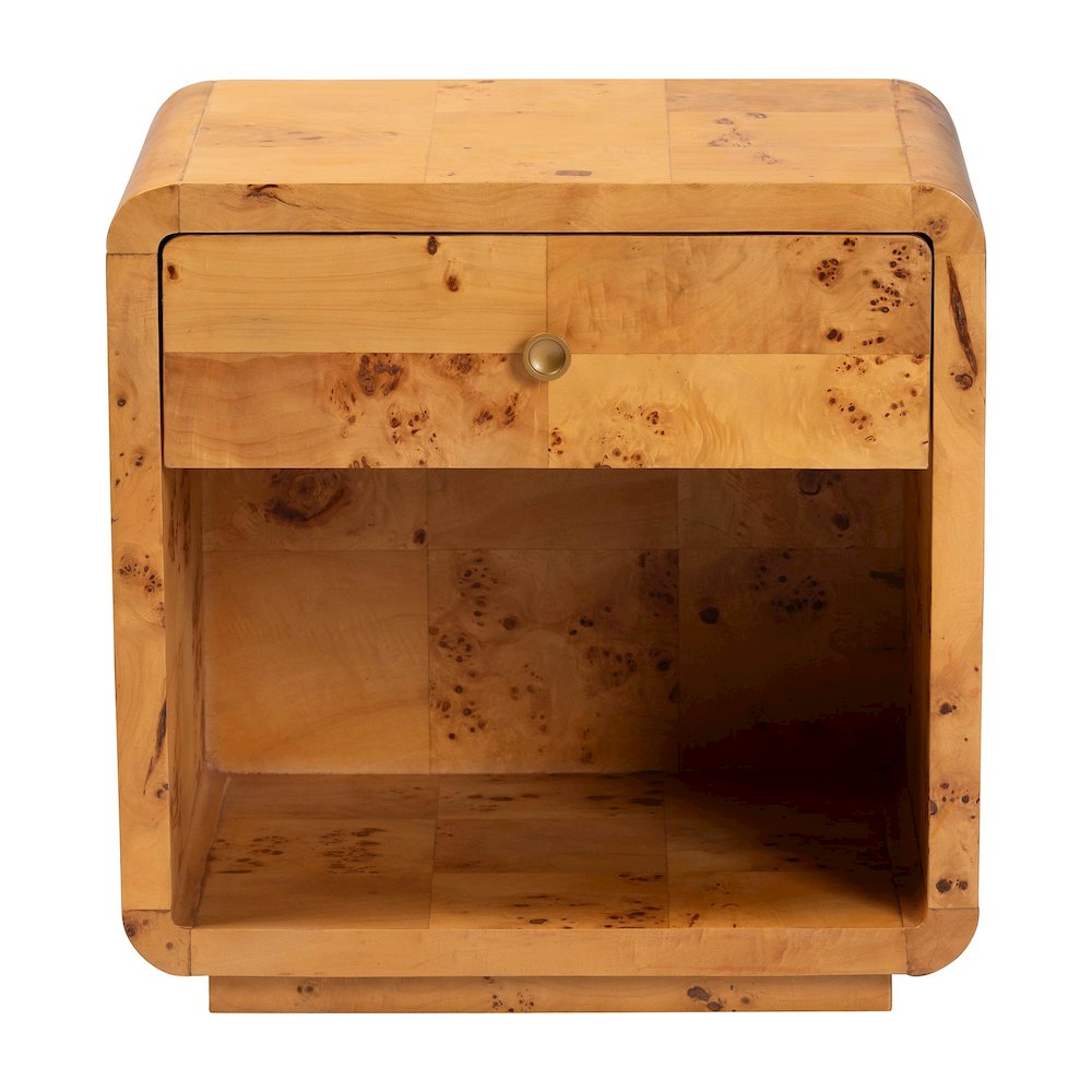 Netra Modern and  Natural Real Burl Wood 1-Drawer Nightstand