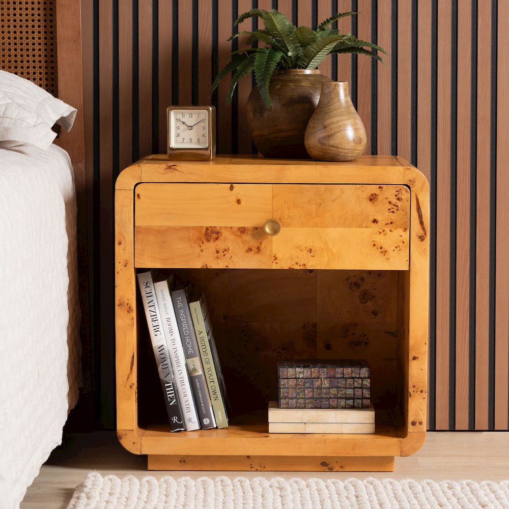 Netra Modern and  Natural Real Burl Wood 1-Drawer Nightstand