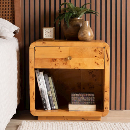 Netra Modern and  Natural Real Burl Wood 1-Drawer Nightstand