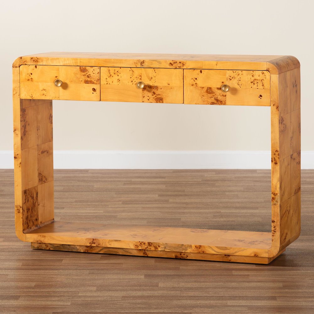 Netra Modern and  Natural Real Burl Wood Console Table