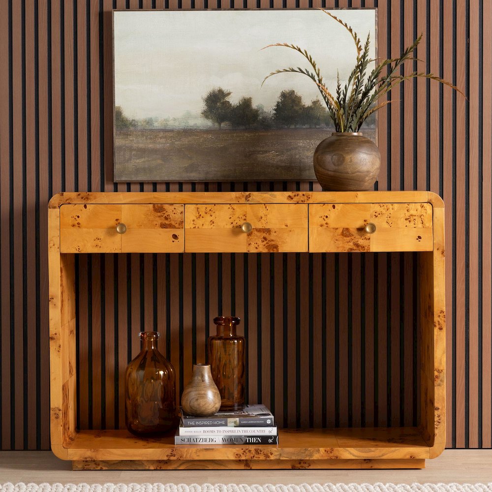 Netra Modern and  Natural Real Burl Wood Console Table
