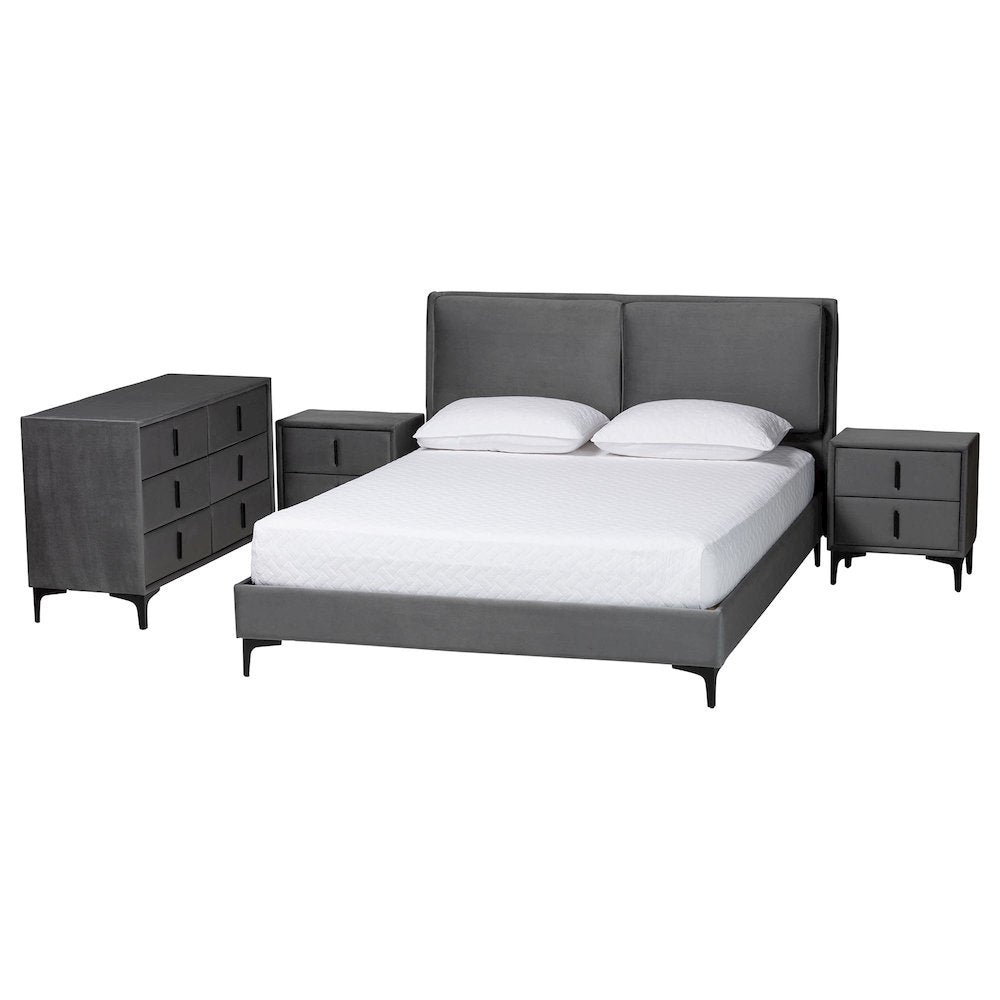 Etienne Modern Slate Grey Velvet Queen 4-Piece Bedroom Set