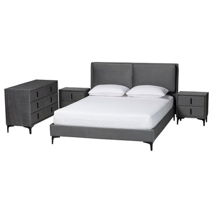 Etienne Modern Slate Grey Velvet Queen 4-Piece Bedroom Set