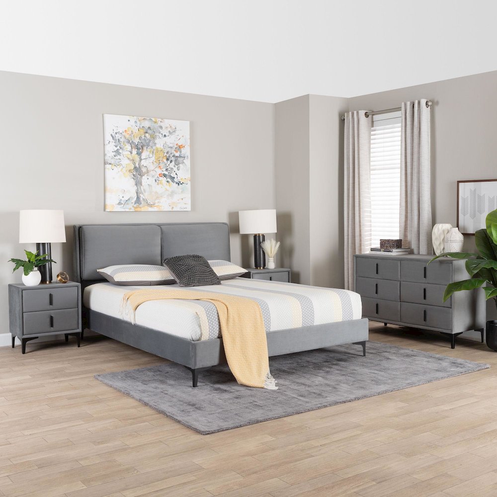 Etienne Modern Slate Grey Velvet Queen 4-Piece Bedroom Set