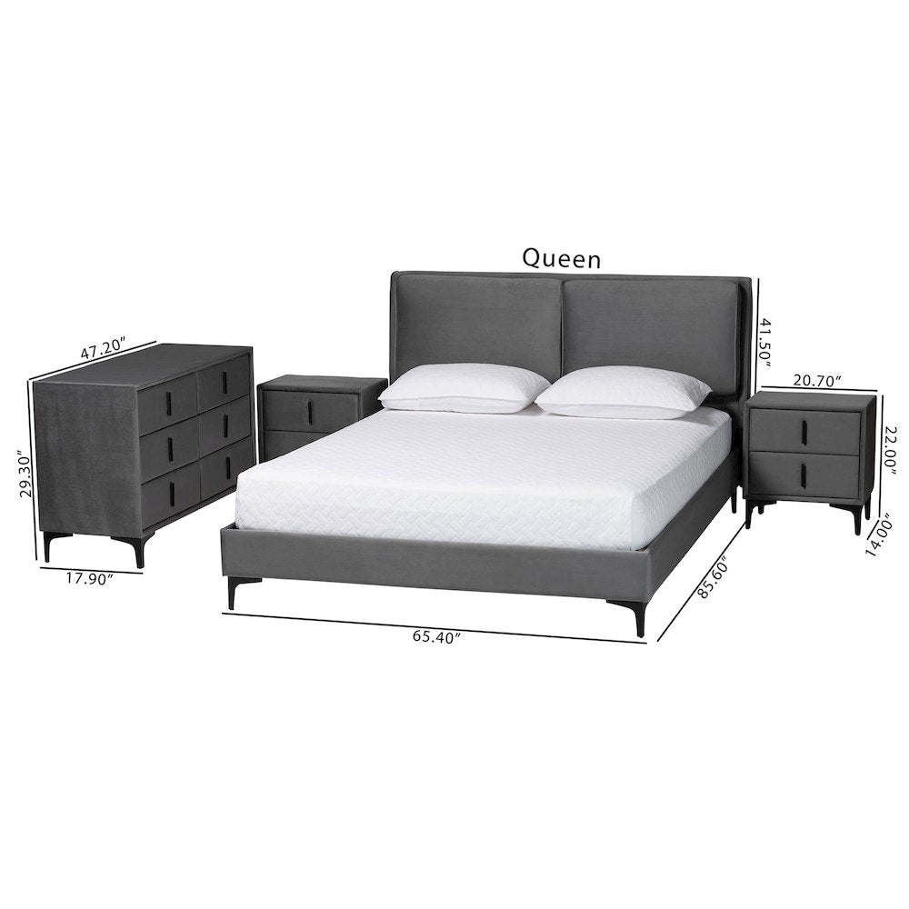 Etienne Modern Slate Grey Velvet Queen 4-Piece Bedroom Set