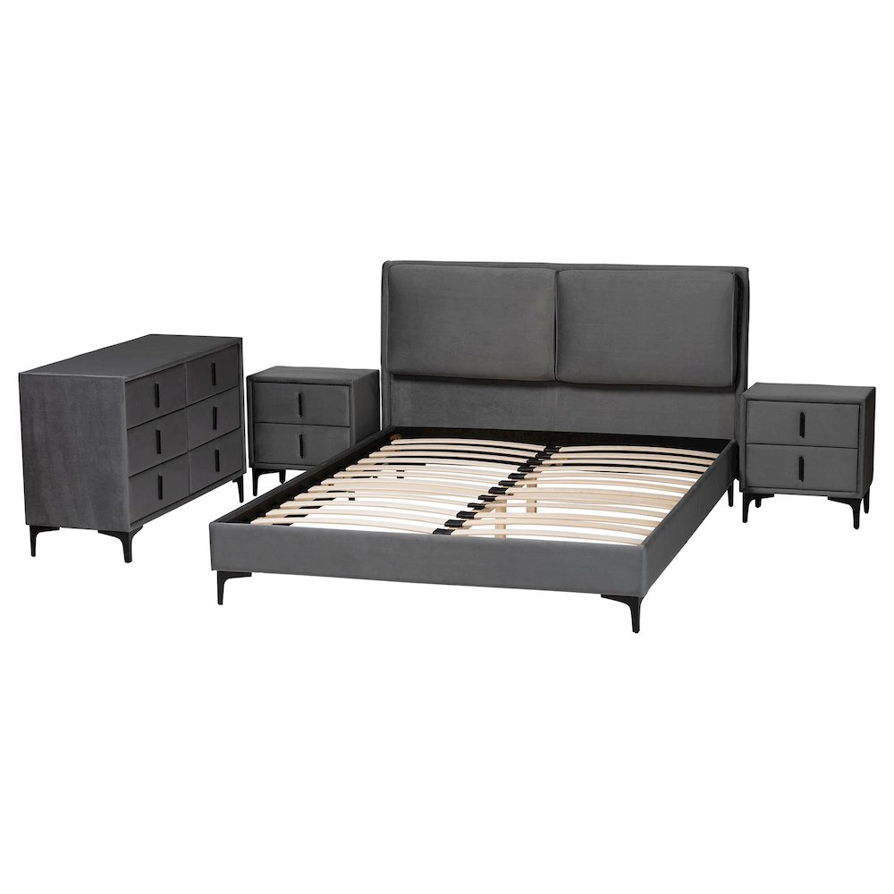 Etienne Modern Slate Grey Velvet Queen 4-Piece Bedroom Set