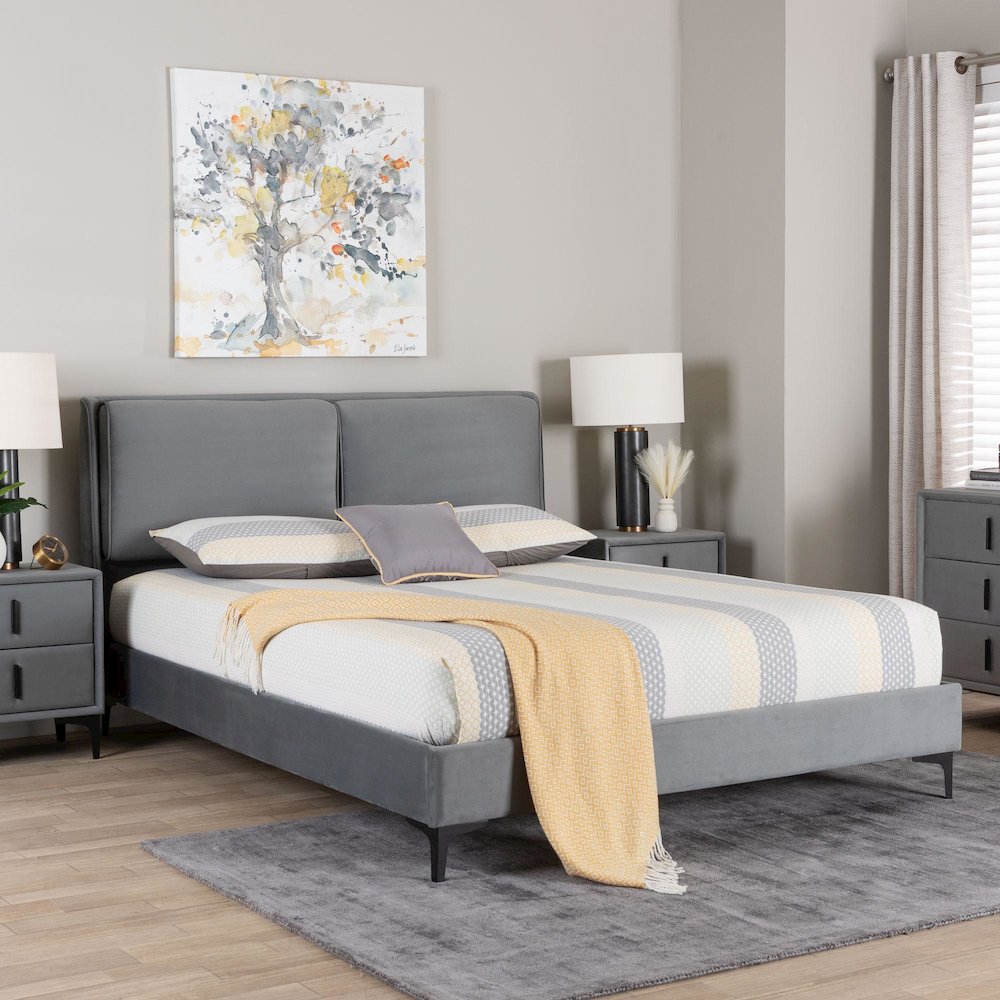 Etienne Modern Slate Grey Velvet Queen Platform Bed