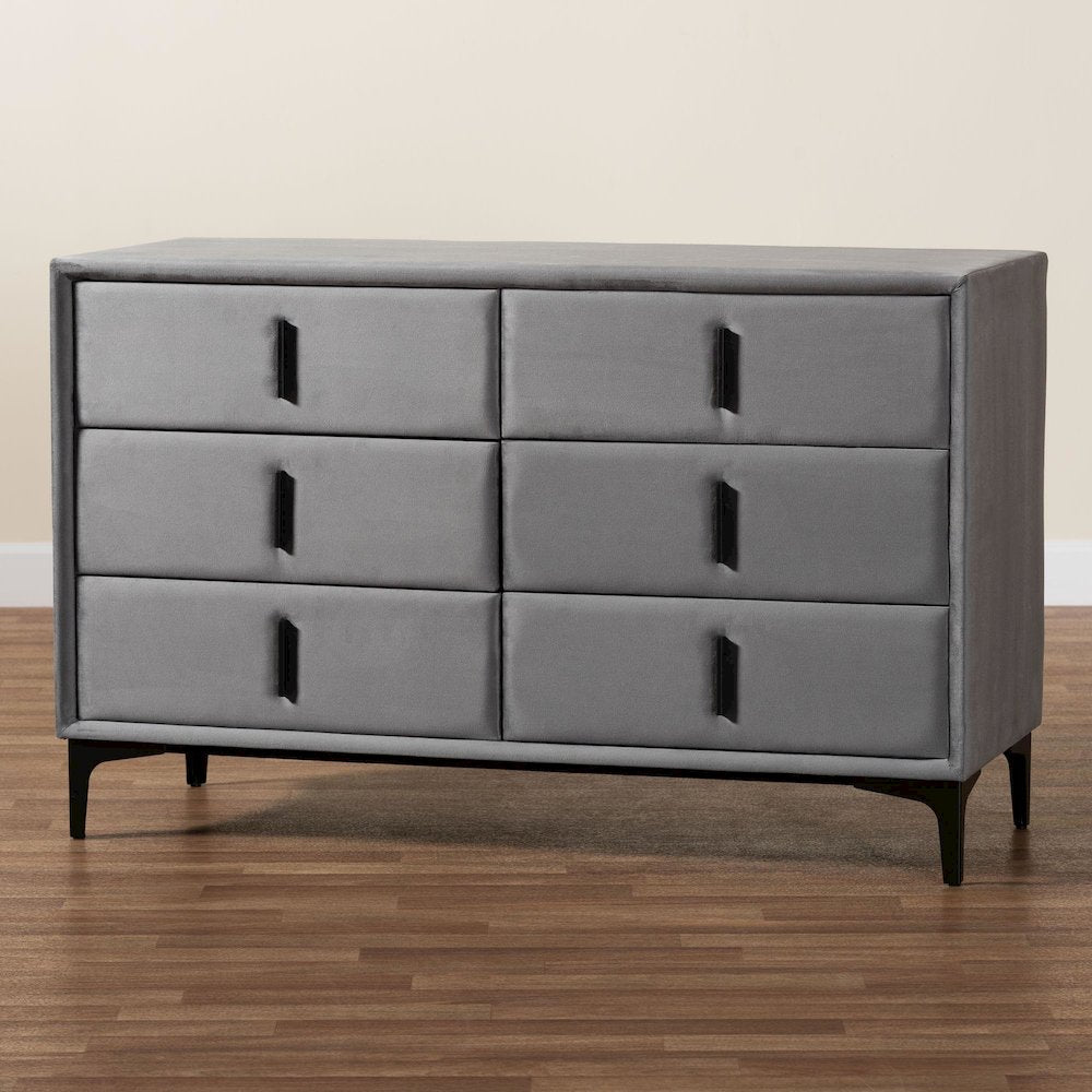 Etienne Modern Slate Grey Velvet 6-Drawer Dresser