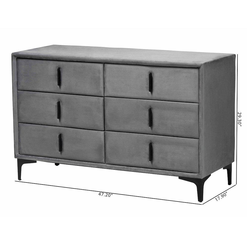 Etienne Modern Slate Grey Velvet 6-Drawer Dresser