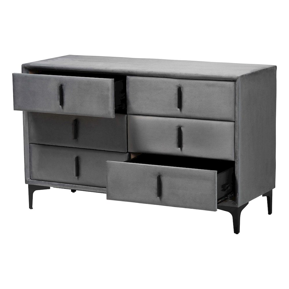 Etienne Modern Slate Grey Velvet 6-Drawer Dresser