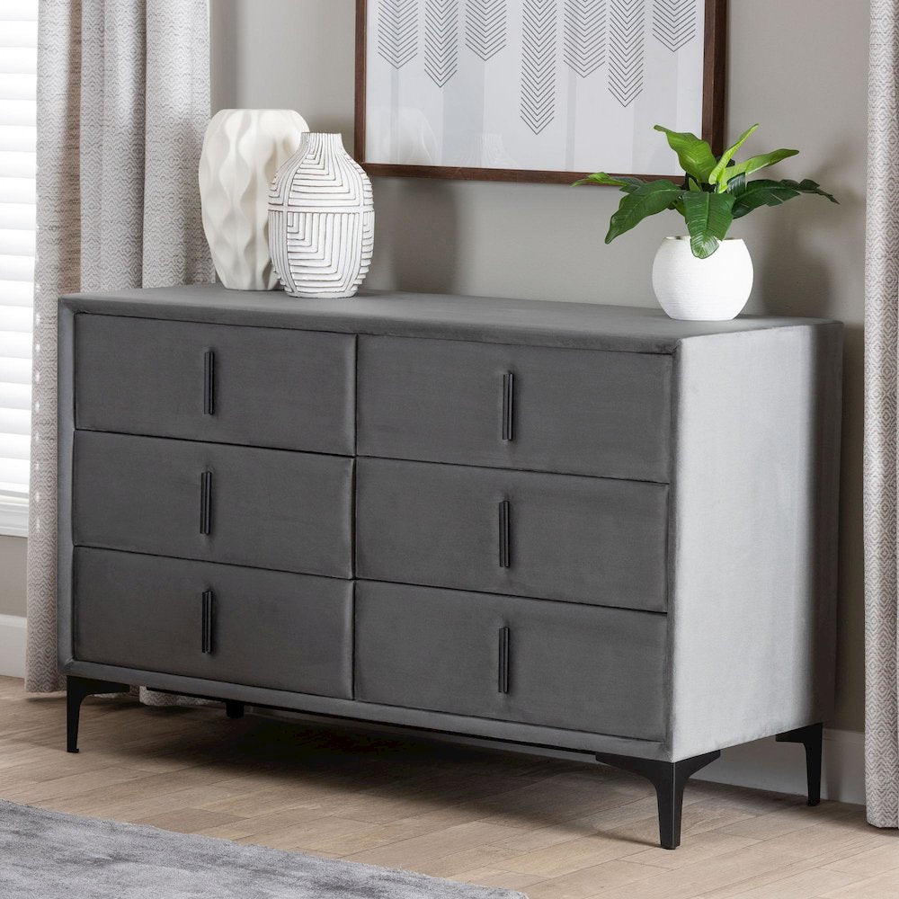 Etienne Modern Slate Grey Velvet 6-Drawer Dresser