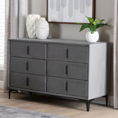 Etienne Modern Slate Grey Velvet 6-Drawer Dresser