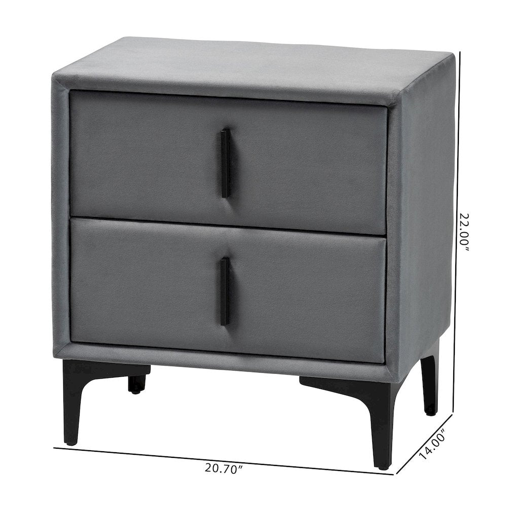 Etienne Modern Slate Grey Velvet 2-Drawer Nightstand