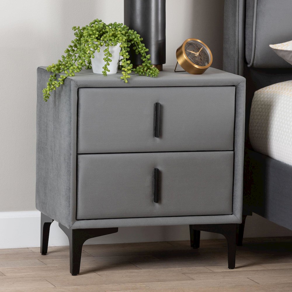 Etienne Modern Slate Grey Velvet 2-Drawer Nightstand