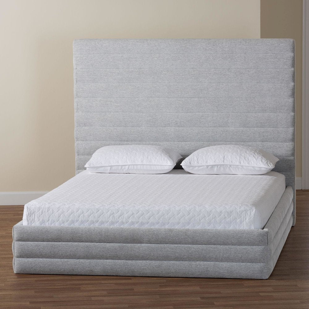 Cadmus Modern Light Grey Channel-Tufted Fabric Queen Platform Bed