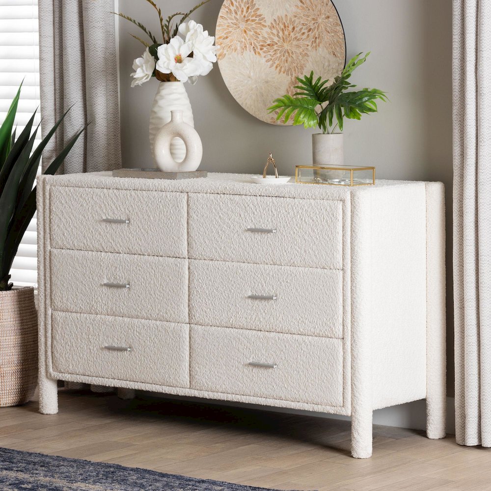 Laria Modern White Teddy-Bear Fabric 6-Drawer Dresser