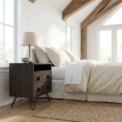 Dark Brown Finish Wood and Metal Nightstand with Drawer Storage for Bedroom