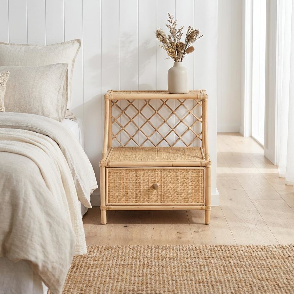 Brown Rattan Nightstand with 1 Drawer and Bohemian Style