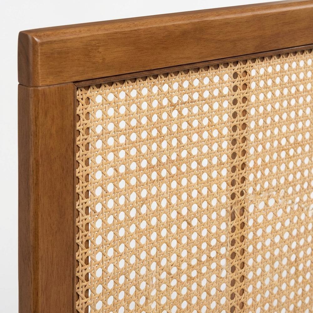 Brown Ash Walnut Finished Wood Headboard, Synthetic Rattan Frame, Mid-Century