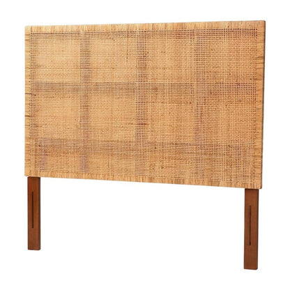 Red Teak Queen Headboard, Rattan Panels, Mahogany Wood Legs for Bohemian Decor