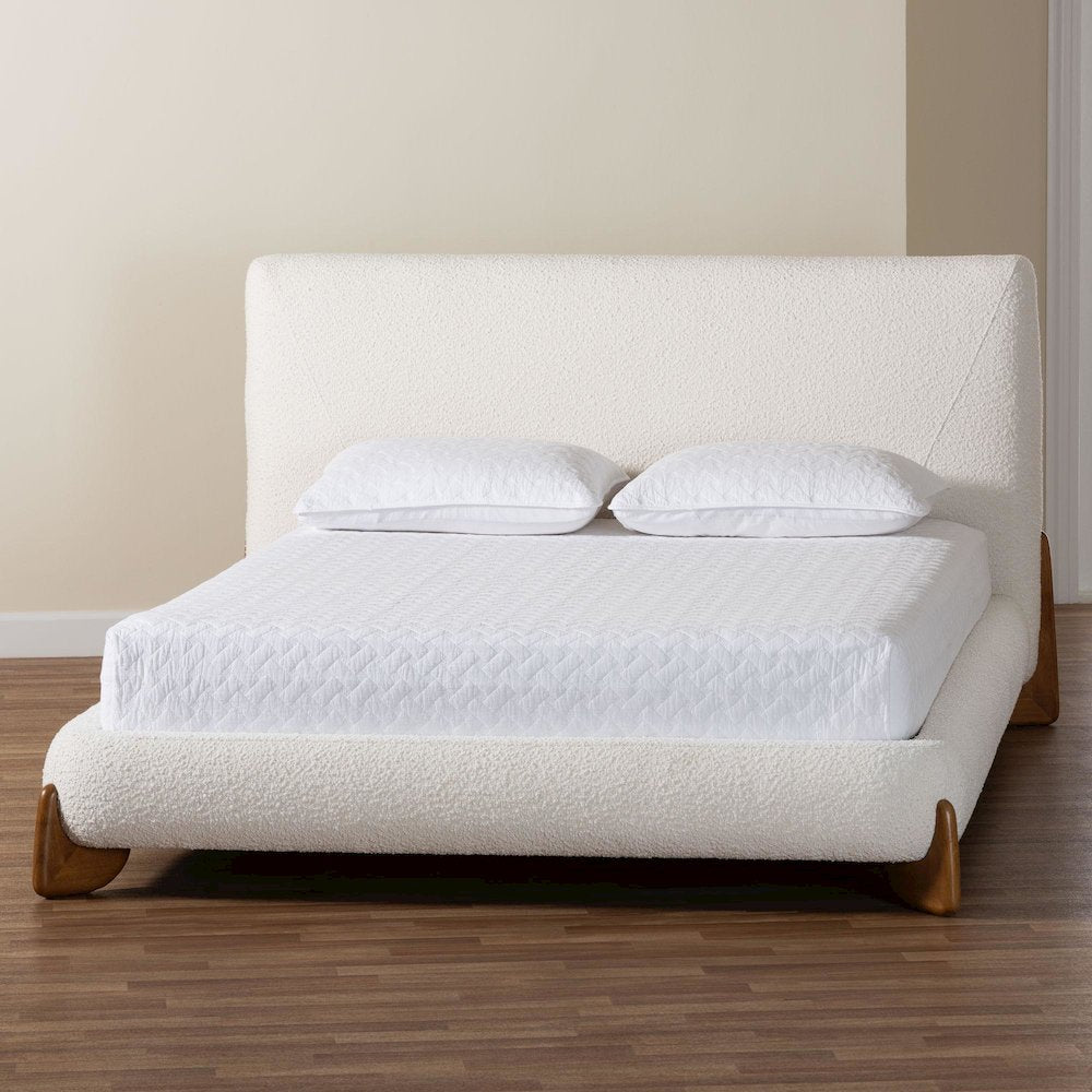 Vinicio Mid-Century Modern Cream Boucle Queen Platform Bed