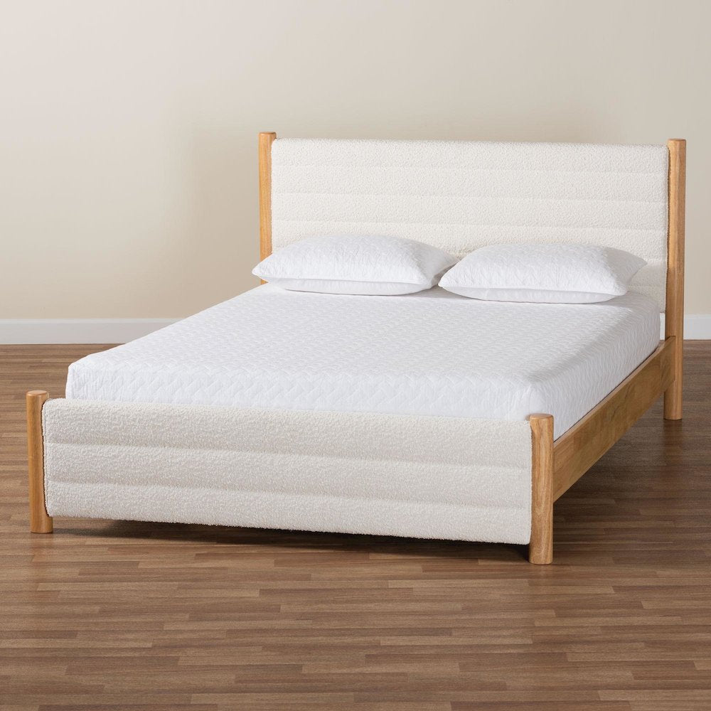 Eilert Modern Cream Boucle and Oak Brown Wood Queen Bed