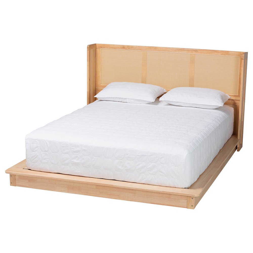 Glennis Japandi Natural Brown Wood Queen Size Platform Bed with Woven Rattan
