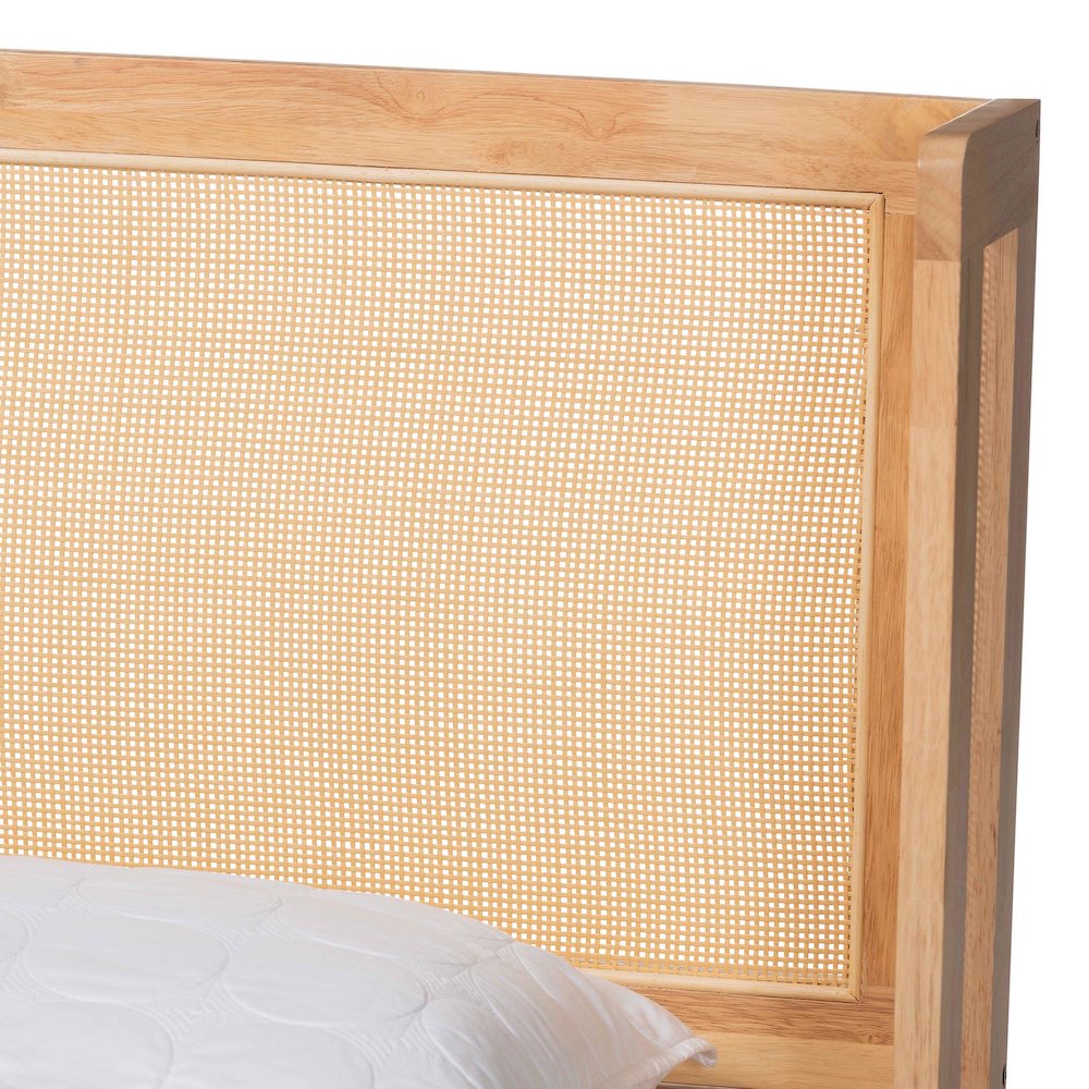 Glennis Japandi Natural Brown Wood Queen Size Platform Bed with Woven Rattan