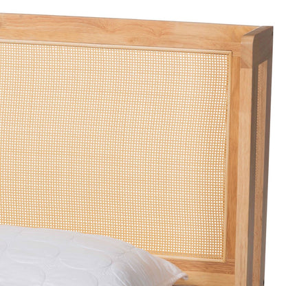 Glennis Japandi Natural Brown Wood Queen Size Platform Bed with Woven Rattan