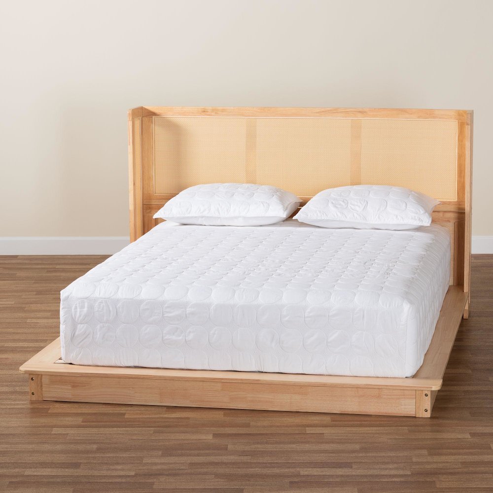 Glennis Japandi Natural Brown Wood Queen Size Platform Bed with Woven Rattan