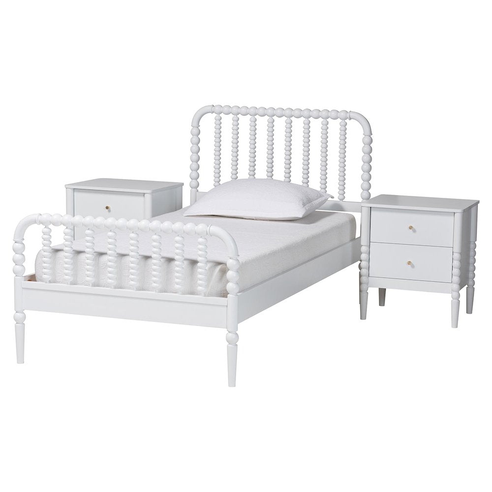 Lucera Mid-Century White Twin Size 3-Piece Bobbin Bedroom Set