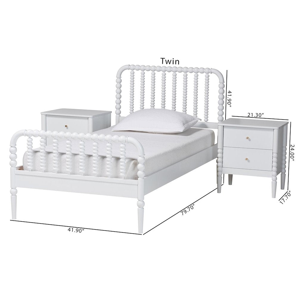 Lucera Mid-Century White Twin Size 3-Piece Bobbin Bedroom Set