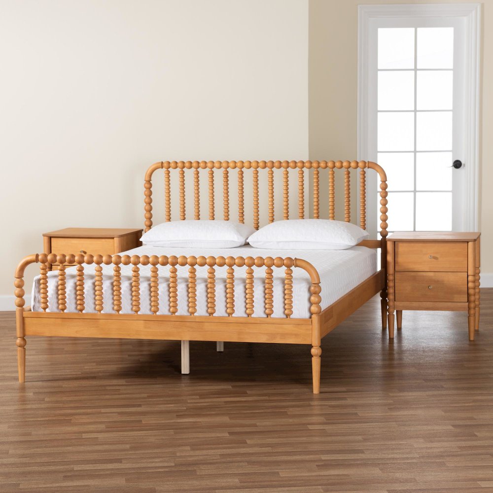 Lucera Mid-Century Oak Brown Queen Size 3-Piece Bobbin Bedroom Set