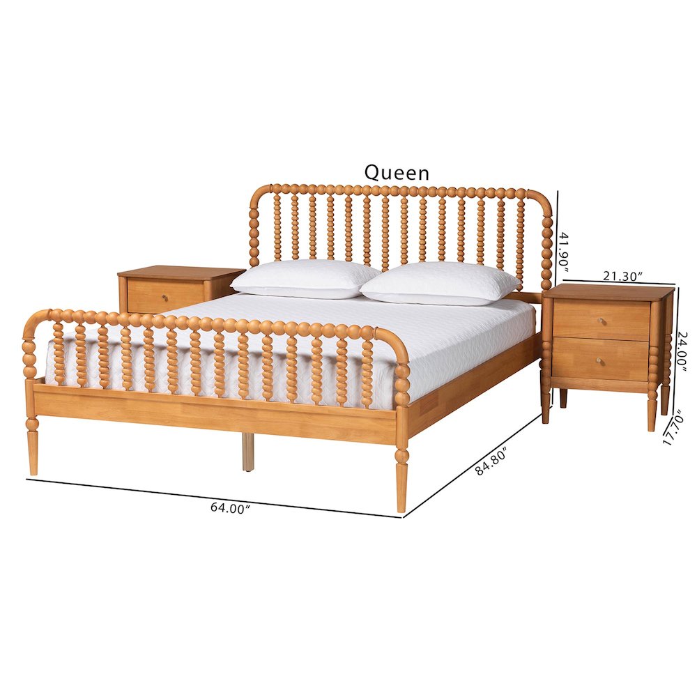 Lucera Mid-Century Oak Brown Queen Size 3-Piece Bobbin Bedroom Set