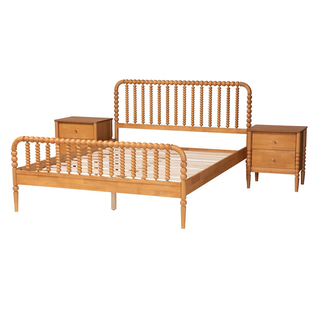 Lucera Mid-Century Oak Brown Queen Size 3-Piece Bobbin Bedroom Set