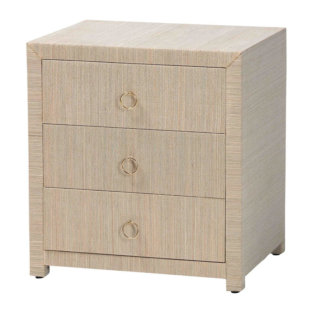 Quinn Bohemian Woven Natural Grasscloth 3-Drawer Nightstand