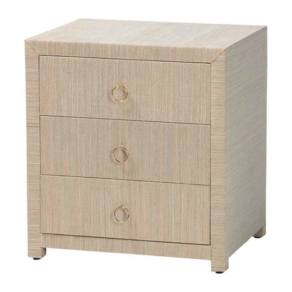Quinn Bohemian Woven Natural Grasscloth 3-Drawer Nightstand