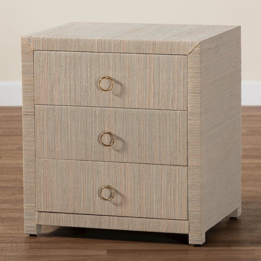 Quinn Bohemian Woven Natural Grasscloth 3-Drawer Nightstand