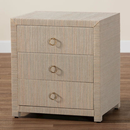 Quinn Bohemian Woven Natural Grasscloth 3-Drawer Nightstand