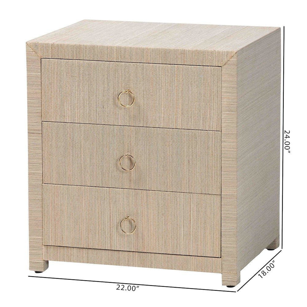 Quinn Bohemian Woven Natural Grasscloth 3-Drawer Nightstand