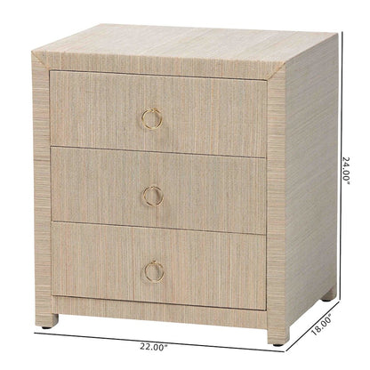 Quinn Bohemian Woven Natural Grasscloth 3-Drawer Nightstand