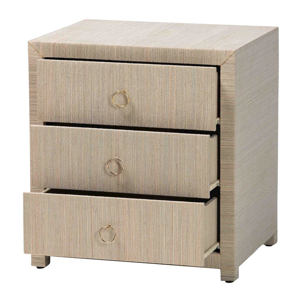 Quinn Bohemian Woven Natural Grasscloth 3-Drawer Nightstand